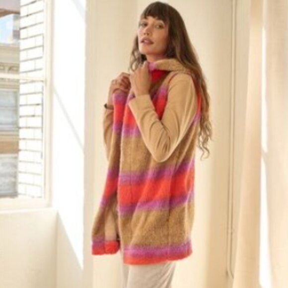 Koolaburra by UGG Cozy Sherpa Hooded Vest Size M Striped Cream Purple Orange EUC - Picture 1 of 11